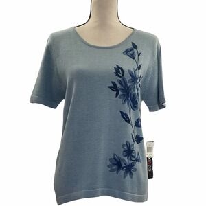 STYLE & Co. Blue Floral Graphic Print Short Sleeve Pullover Knit Top NWT